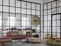 Einscheibenverglasung Loft als Glastrennwand mit schwarzen Sprossen im Industrielook