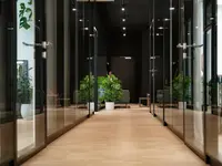 Doppelverglasung geklebt als flächenbündige Glas-Trennwand entlang eines Büroflurs
