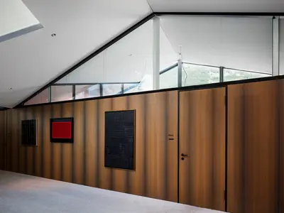 Mooreiche mit Oblicht aus Doppelverglasung und asymmetrischem Deckenanschluss im Bürogebäude Vaduz