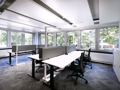 Offener Bürobereich im Office LAB Baslerpark Zürich mit Akustik-Trennwänden zwischen den Schreibtischen
