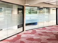 Büroumbau Visana Services AG in Bern: Grosszügige Ganzglaswände schaffen eine helle, offene Bürolandschaft und ermöglichen fliessende Sichtbeziehungen zwischen den unterschiedlichen Arbeitsbereichen. Die Doppelverglasung verbindet transparente Raumtrennung mit funktionaler Abschirmung, während der partiell ausgeführte Sichtschutz gezielt Privatsphäre schafft, ohne die räumliche Offenheit aufzugeben.