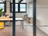 Detail der Loft-Verglasung bei Klima AG in Spreitenbach: Schwarze Rahmenprofile, horizontale Sprossen und die integrierte Glastüre verleihen der Einscheibenverglasung einen prägnanten Industrial Look und schaffen gleichzeitig transparente Büroräume.
