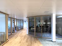 Umbau Verwaltungsgebäude in Pfäffikon: Gebogene Holz-Glas-Trennwände aus gebürsteter Eiche folgen der Raumgeometrie und schaffen transparente Besprechungsräume mit einer fliessenden, eleganten Linienführung.